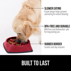 Gorilla Grip slow-feeder bowl red top view; engaging maze for meal-time focus.