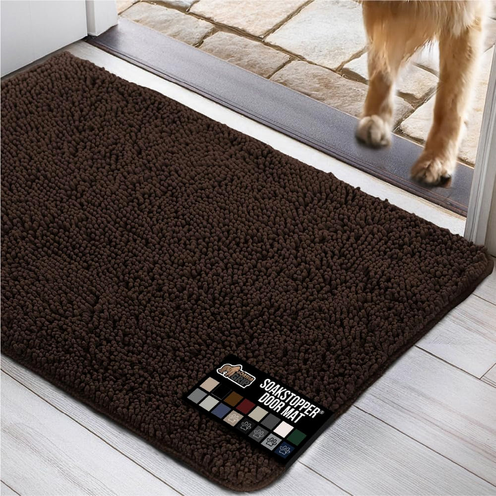 GORILLA GRIP SoakStopper door mat with absorbent top layer traps moisture at entryways.