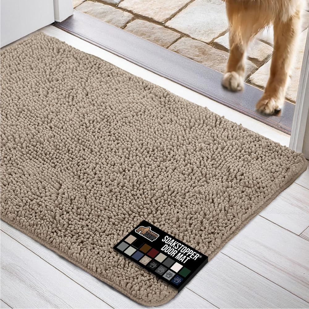 Gorilla Grip SoakStopper door mat shows absorbent top layer capturing moisture at the door