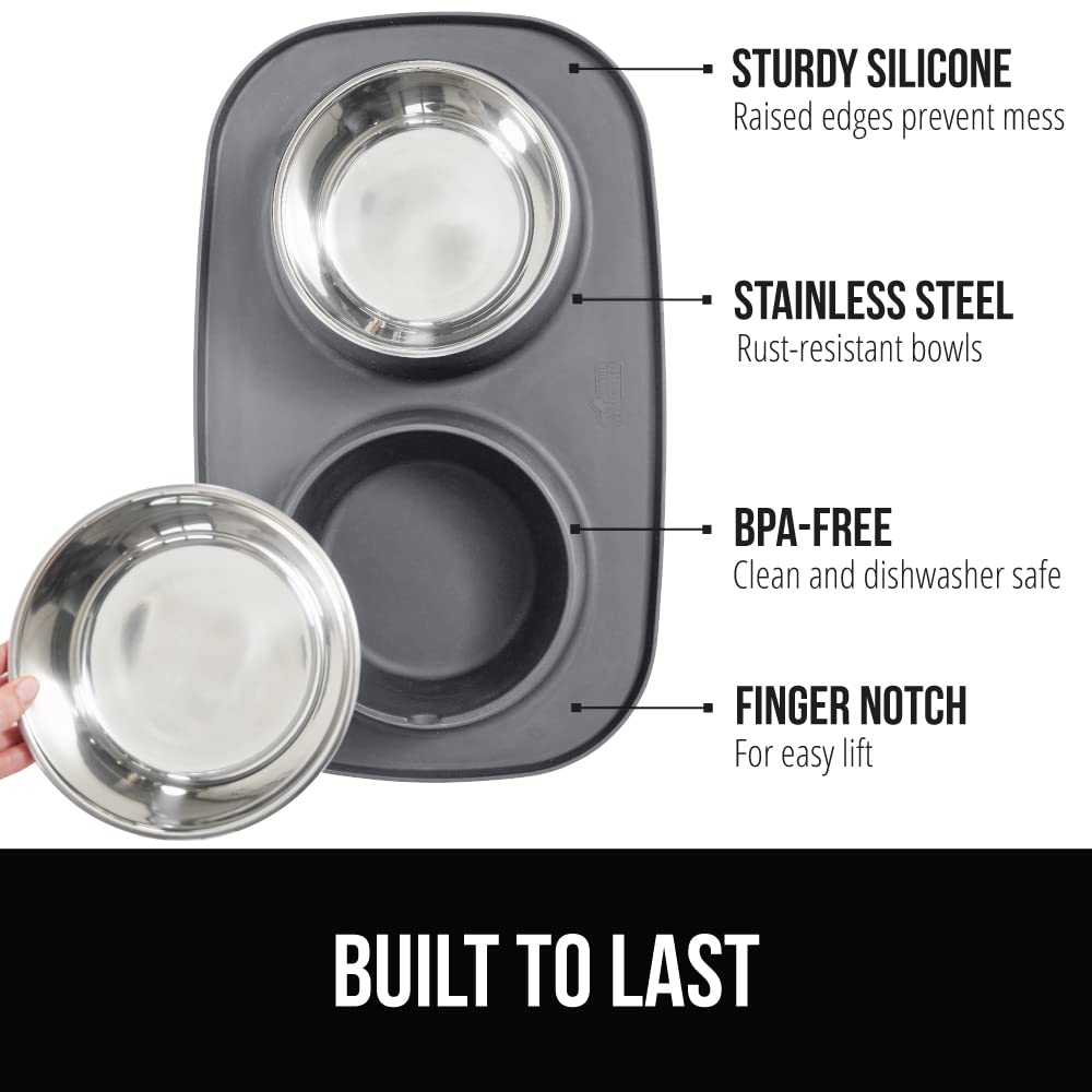 GORILLA GRIP stainless steel bowls sit securely in the mat for mess-free feeding