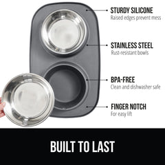 GORILLA GRIP stainless steel bowls sit securely in the mat for mess-free feeding