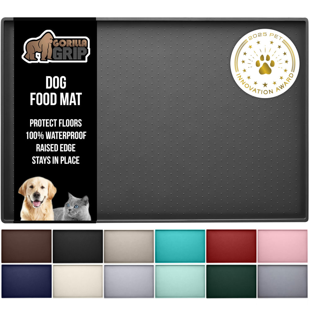 GORILLA GRIP waterproof feeding mat in charcoal keeps spills contained during meals.