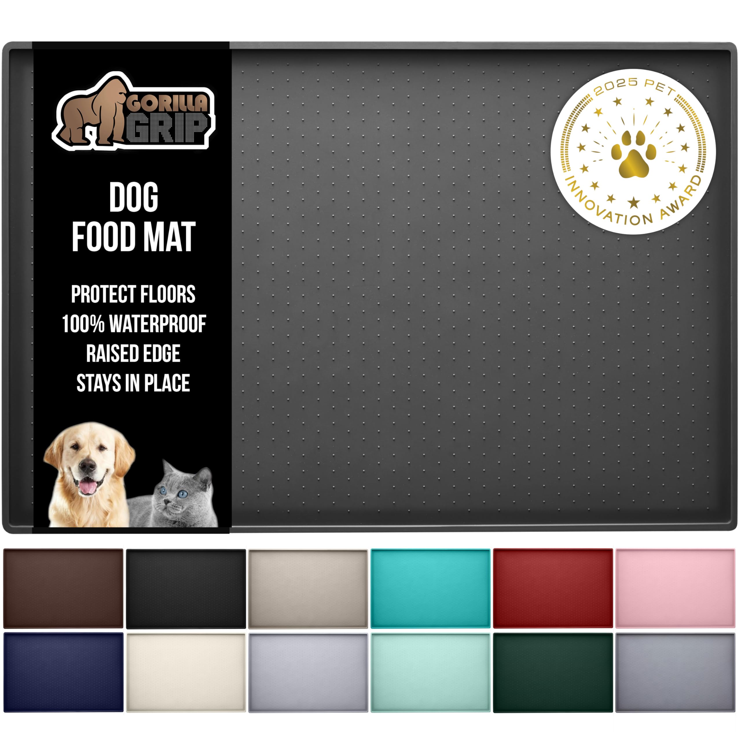 GORILLA GRIP waterproof pet mat in charcoal protecting floors from spills.