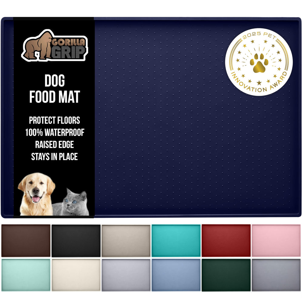 Gorilla Grip waterproof pet mat closeup showing raised edge containment during meals