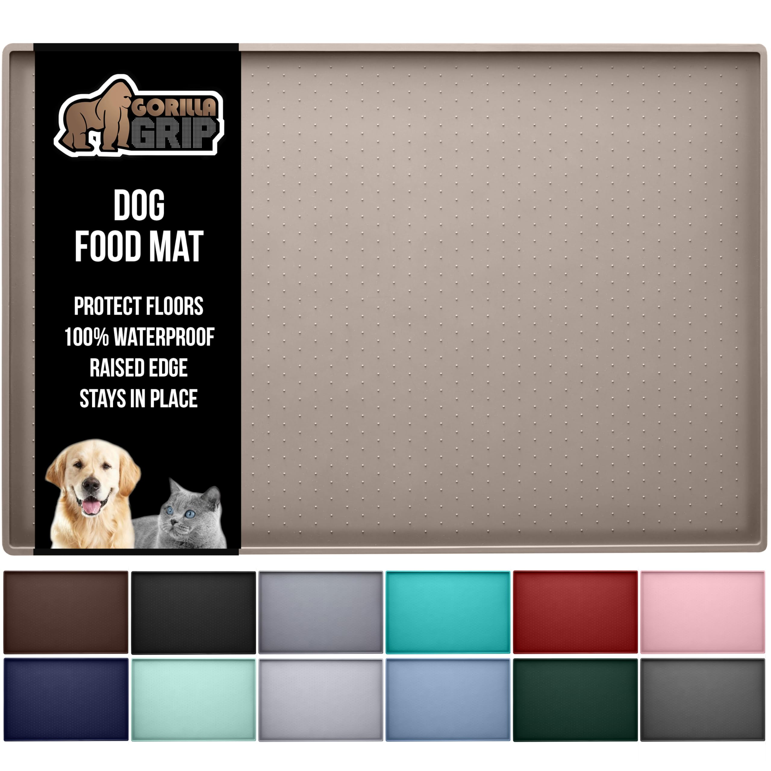 Gorilla Grip waterproof raised-edge mat showing spill containment during pet mealtime.
