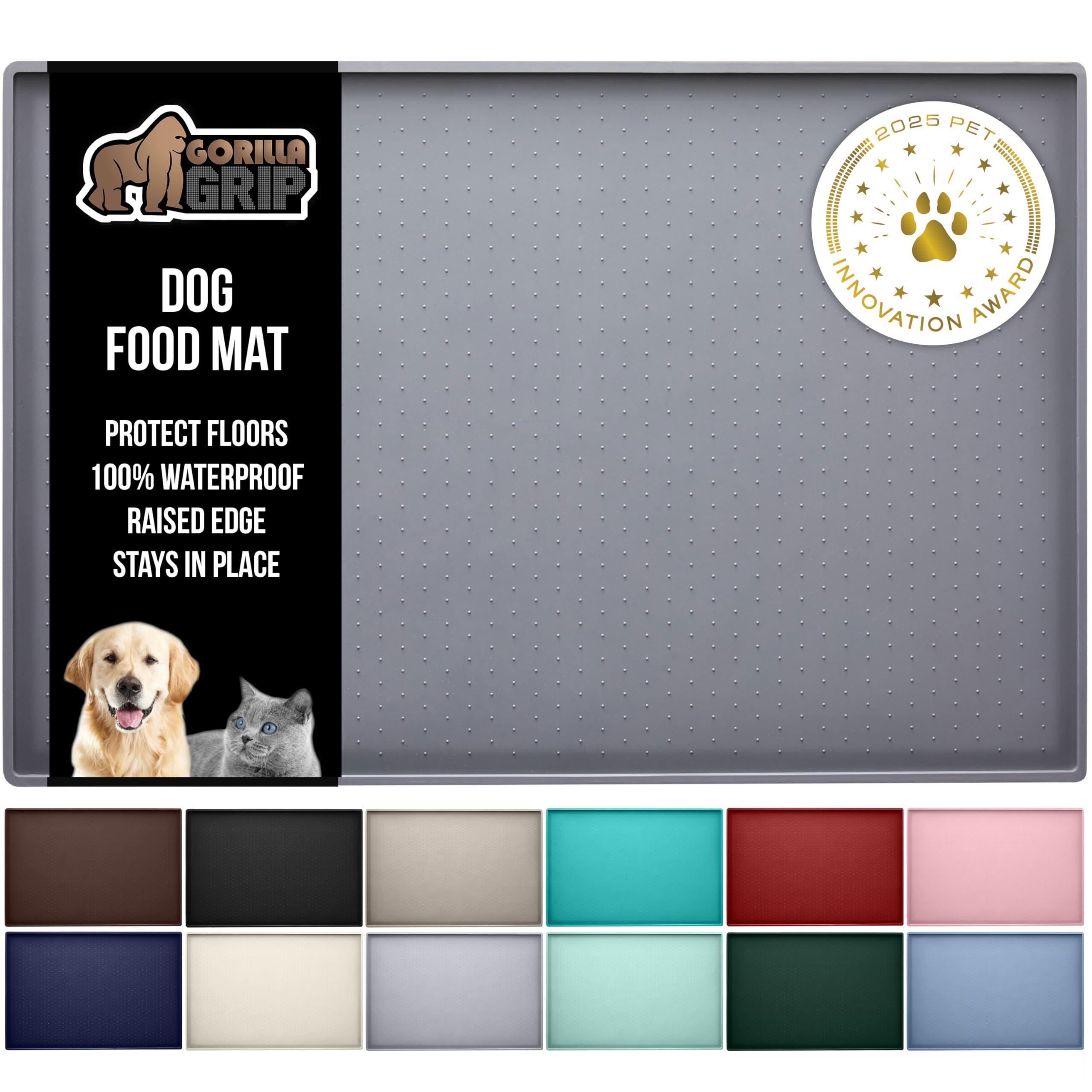 Gorilla Grip waterproof silicone pet feeding mat in gray protects floors from spills under bowls