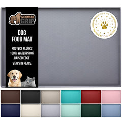 Gorilla Grip waterproof silicone pet feeding mat in gray protects floors from spills under bowls