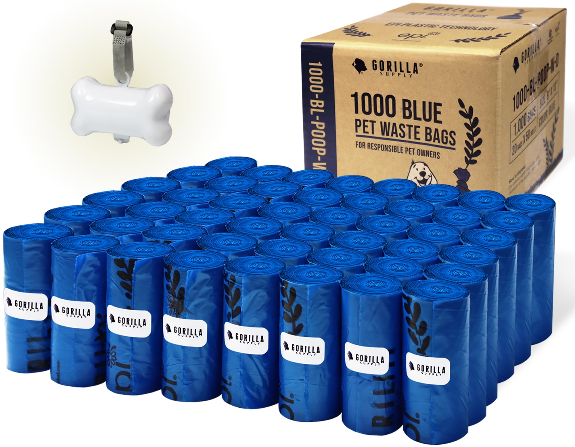 GORILLA SUPPLY bone-shaped dispenser shown for easy bag release on-the-go.