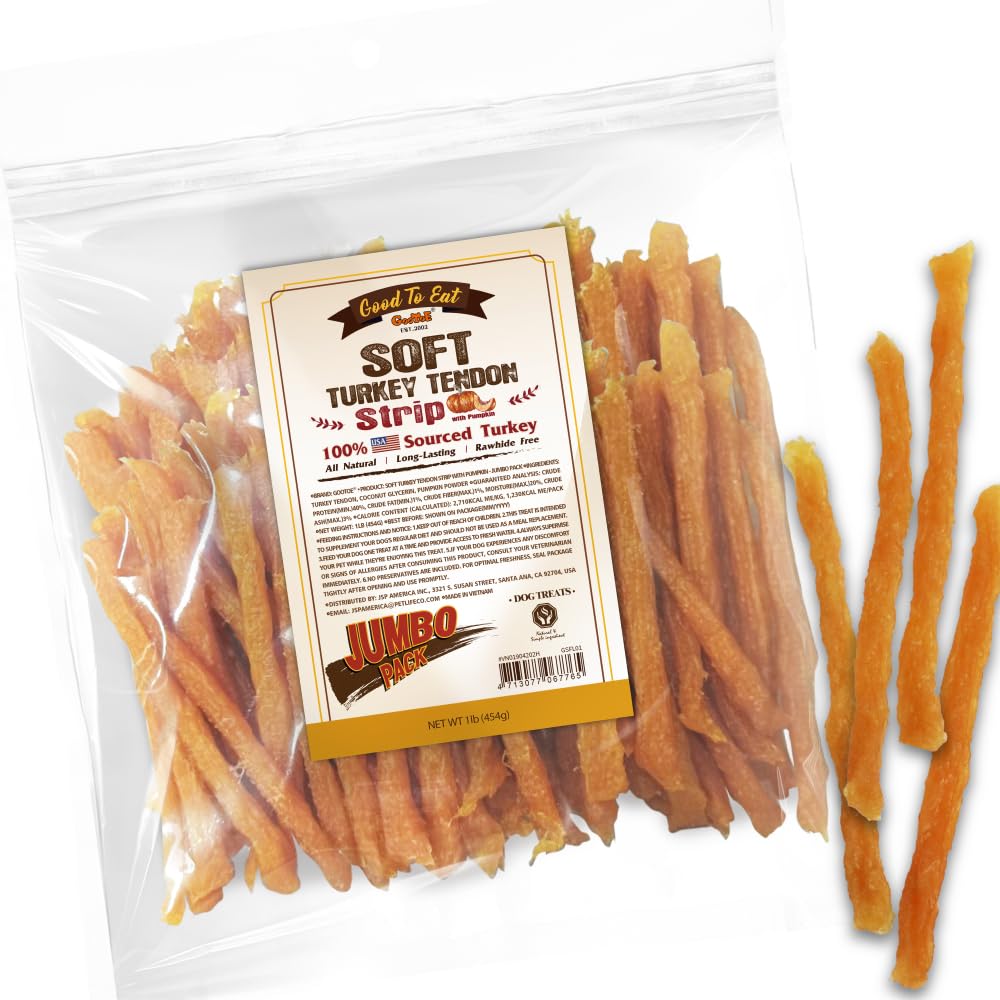 Gootoe Soft Turkey Tendon Stirip with Pumpkin bag front highlights USA-sourced ingredients for a tasty chew