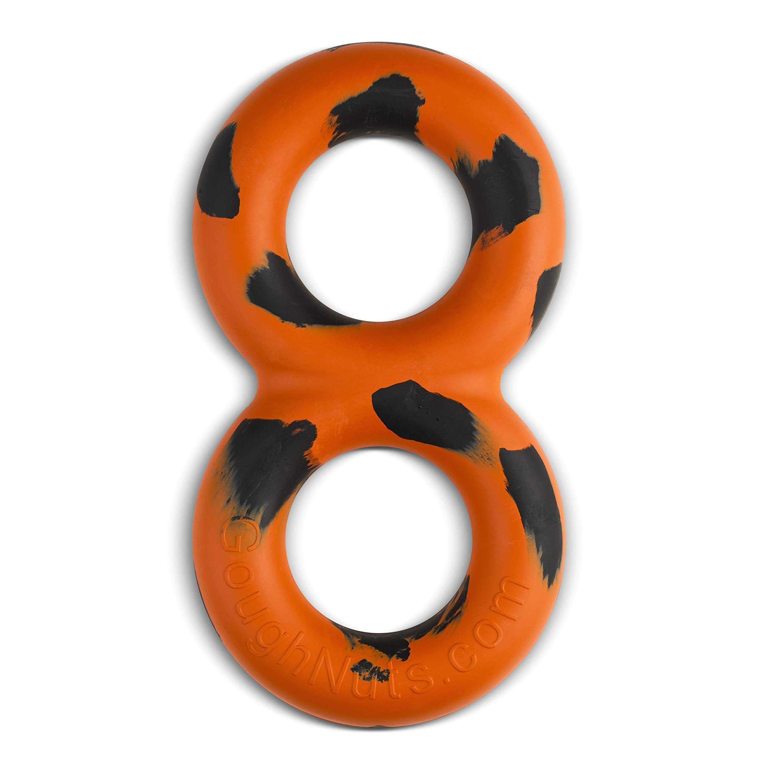 Goughnuts brand logo closeup orange reinforces trusted, US-made dog toy