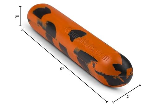 Goughnuts dog toy orange with warranty label conveys lifetime replacement promise.
