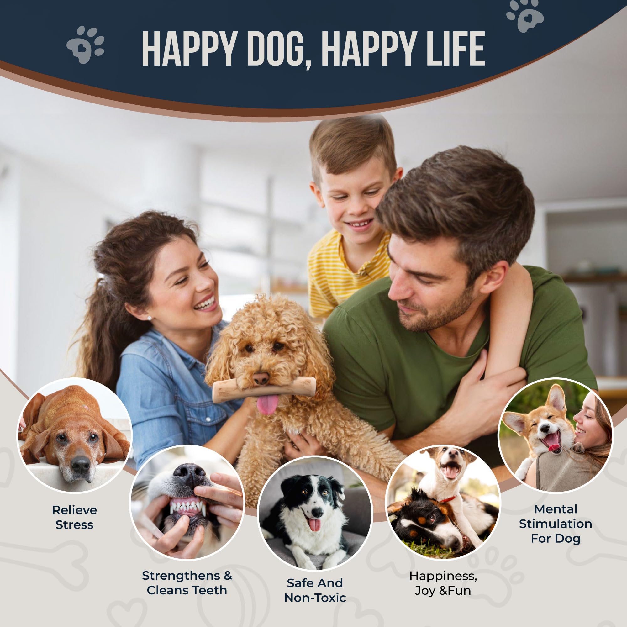 GOWGOW Real Coffee Wood Chew Toy with dog enjoying rewards—stress relief through chewing.