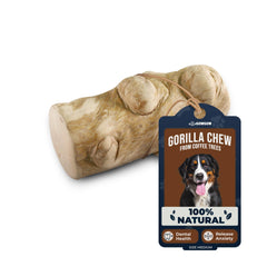GOWGOW Gorilla Wood Dog Chew closeup shows durable chew for dental care and stress relief.