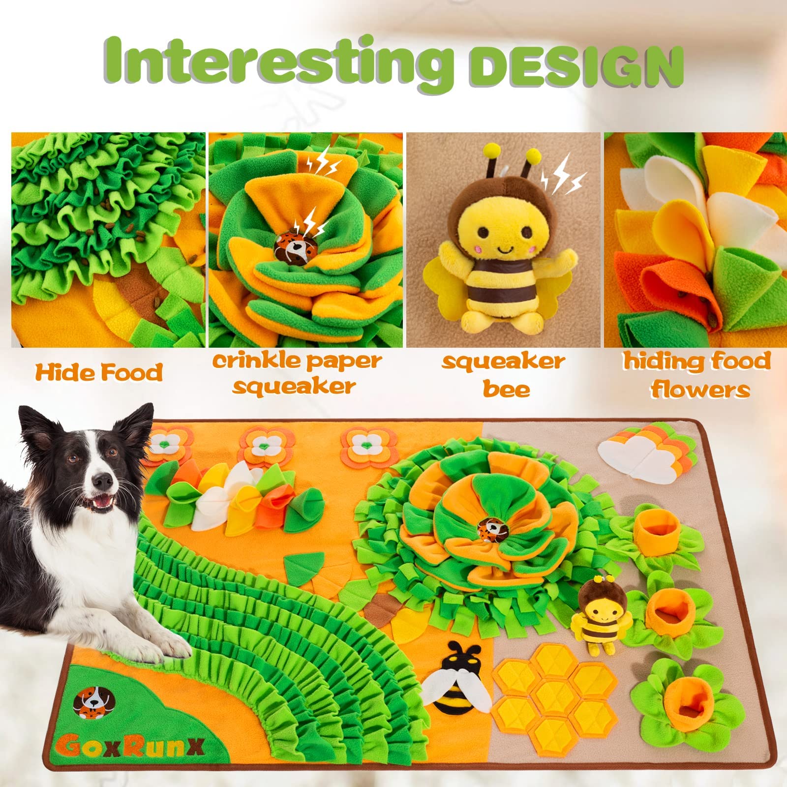 GoxRunx snuffle mat large 40x27 features a squeaker bee to engage dogs during sniffing.