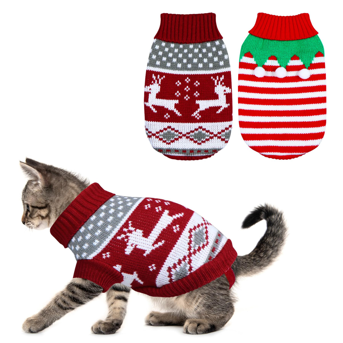 GOYOSWA 2-pack cat Christmas sweater front view with reindeer pattern for festive photos.