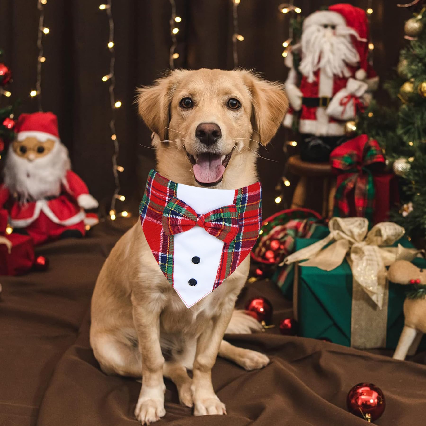 GOYOSWA Christmas dog tuxedo bandana opening enables collar swap.