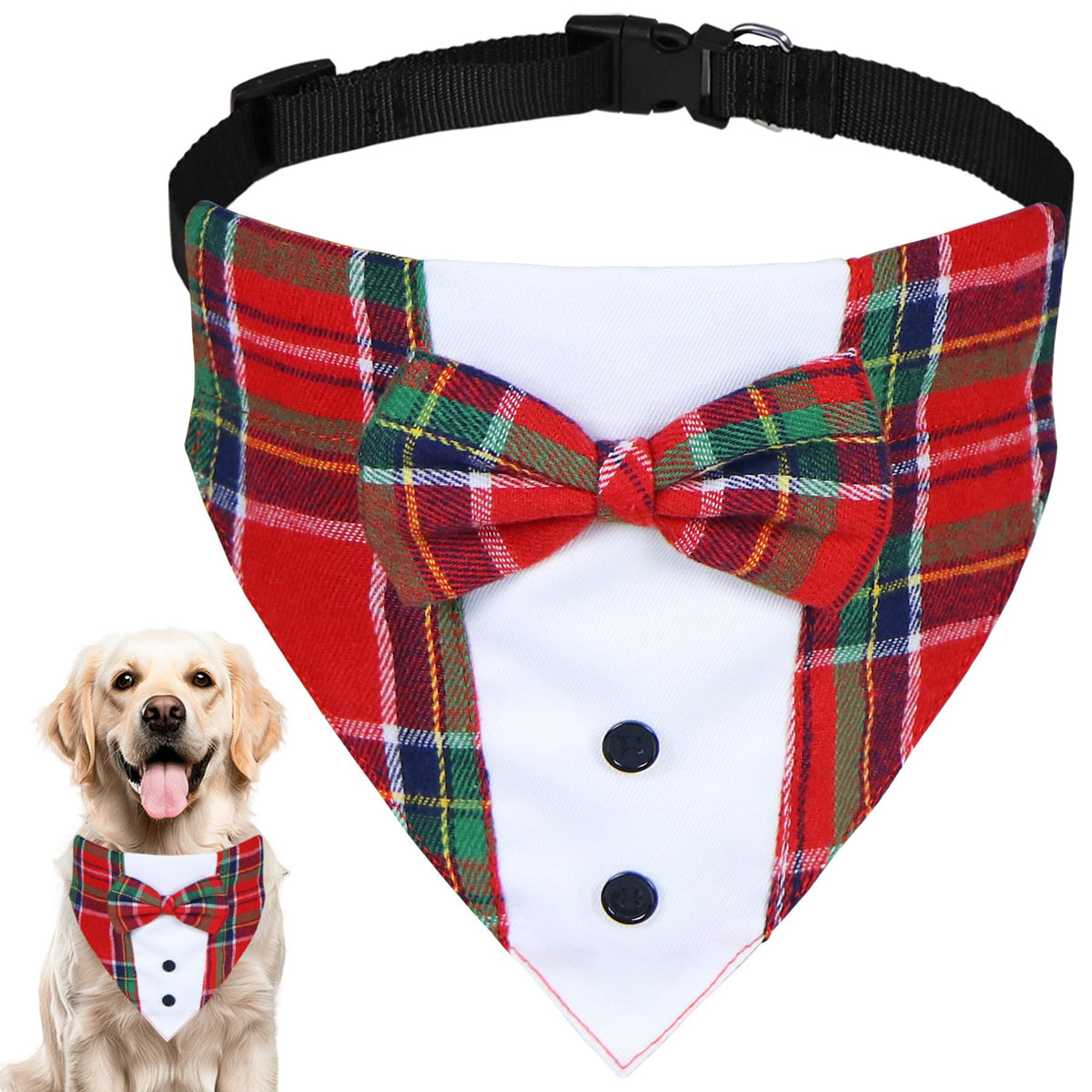 GOYOSWA Christmas dog tuxedo bow tie front view for festive holiday photos.