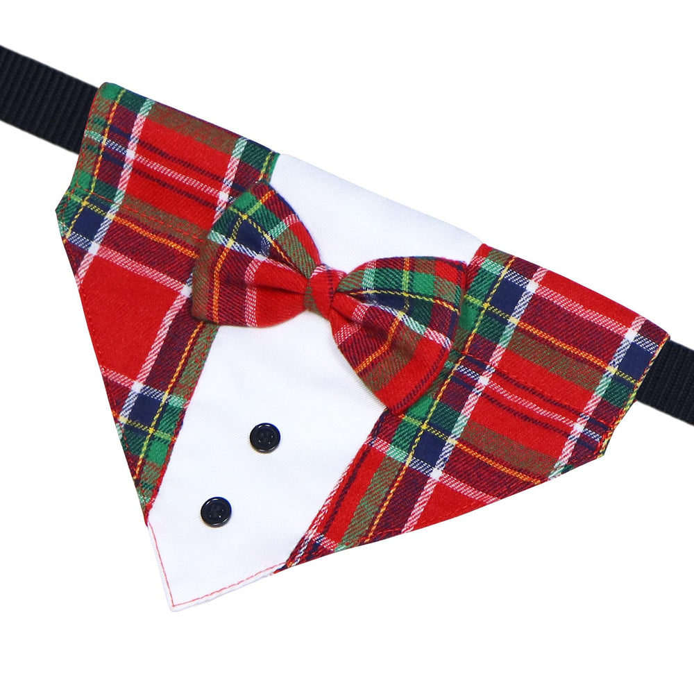 GOYOSWA Christmas dog tuxedo red-green detail highlights festive design.