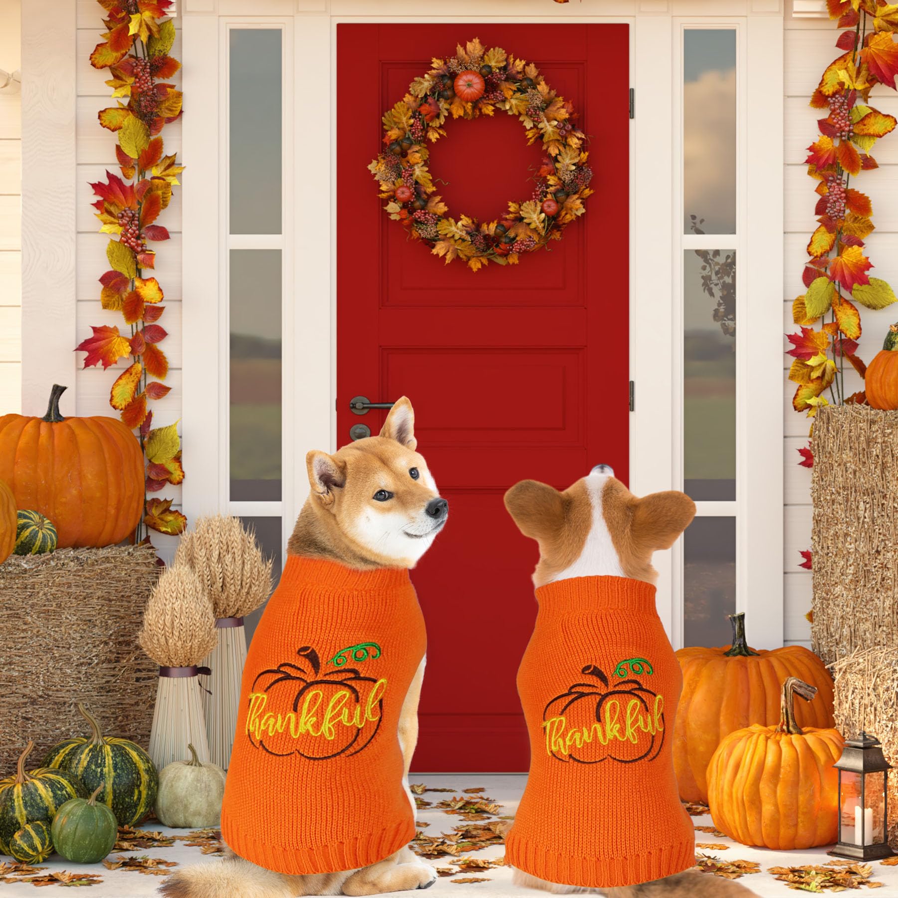 GOYOSWA dog pumpkin-pattern sweater close-up; soft acrylic fibers and festive design