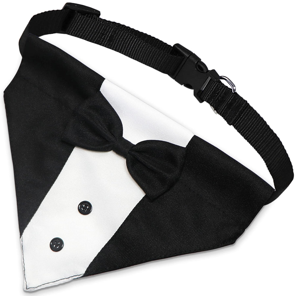 GOYOSWA dog tuxedo-bandana on collar provides elegant look for formal events.