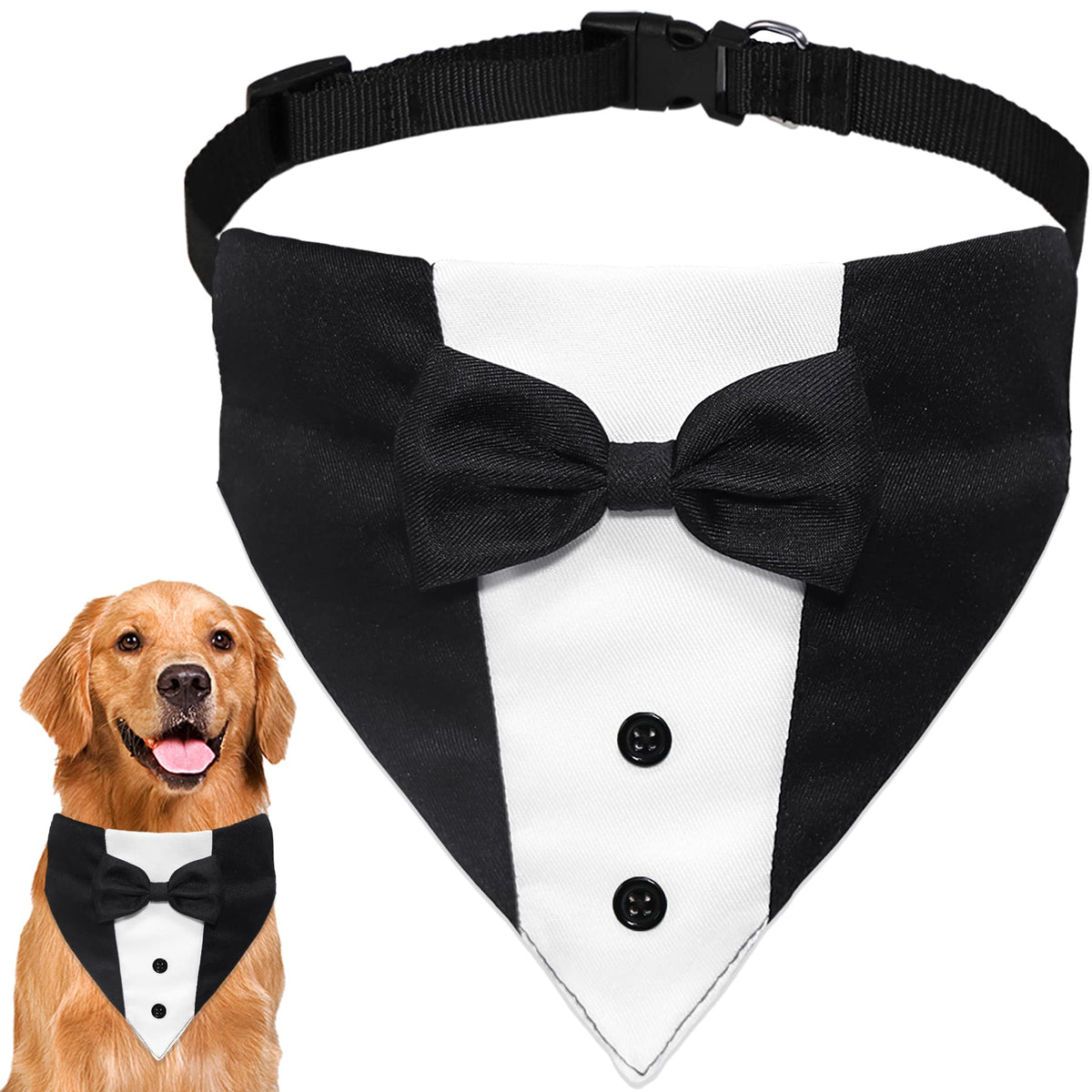 GOYOSWA dog tuxedo with bow tie on collar, perfect for wedding photos.