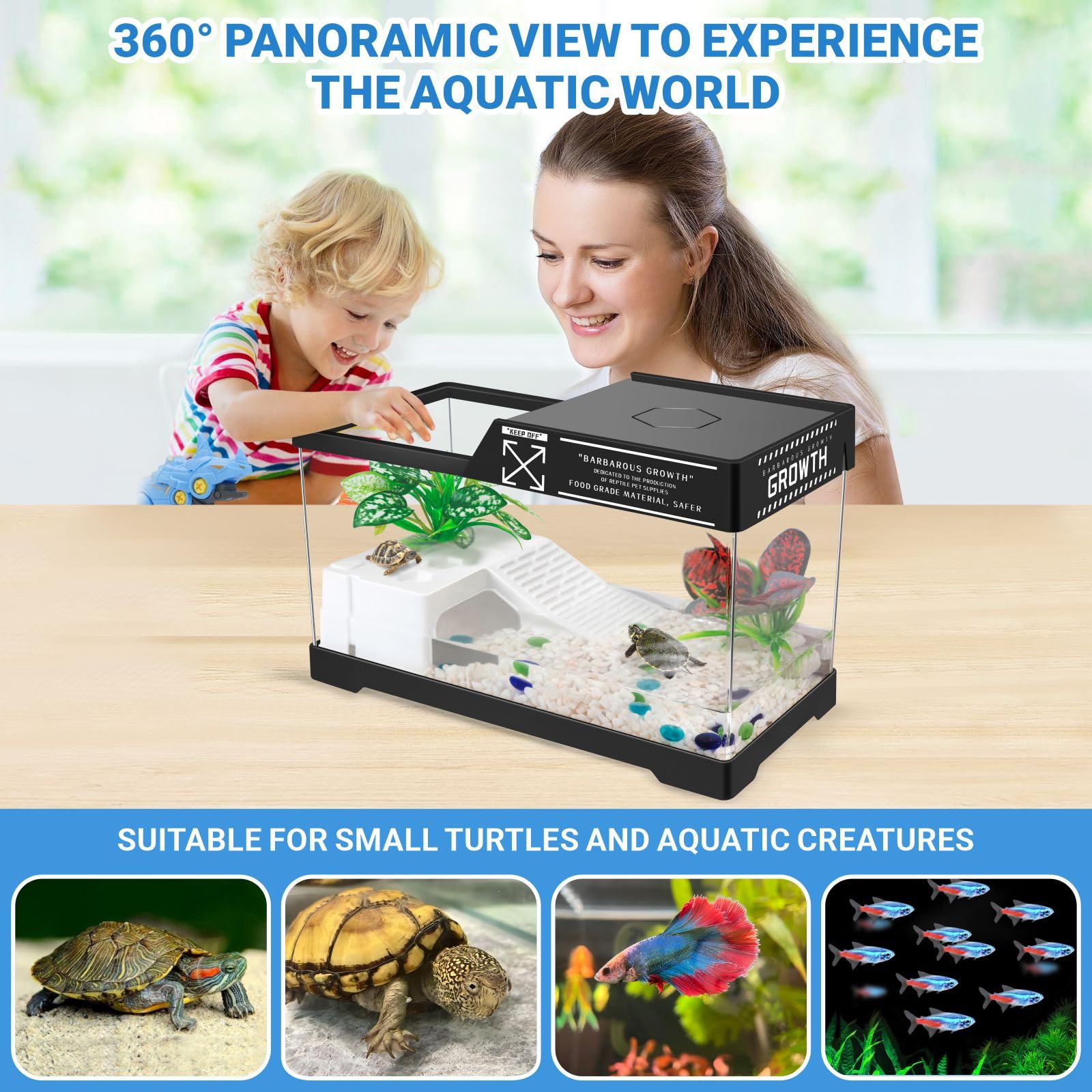 GOZILLA Decorative plants and rocks add habitat enrichment and realism.