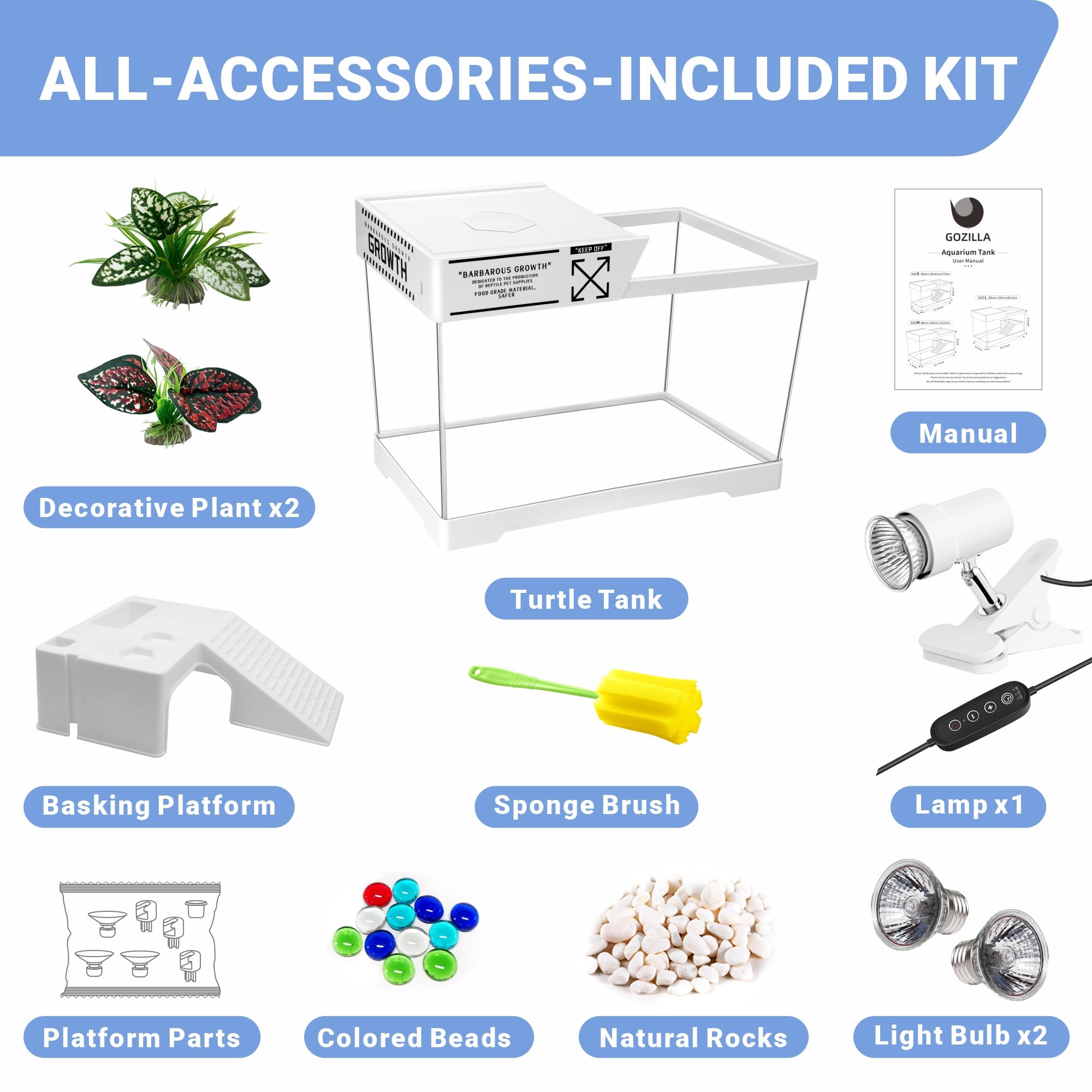 GOZILLA included accessories—rocks, plants, and setup items streamline first-time setup.