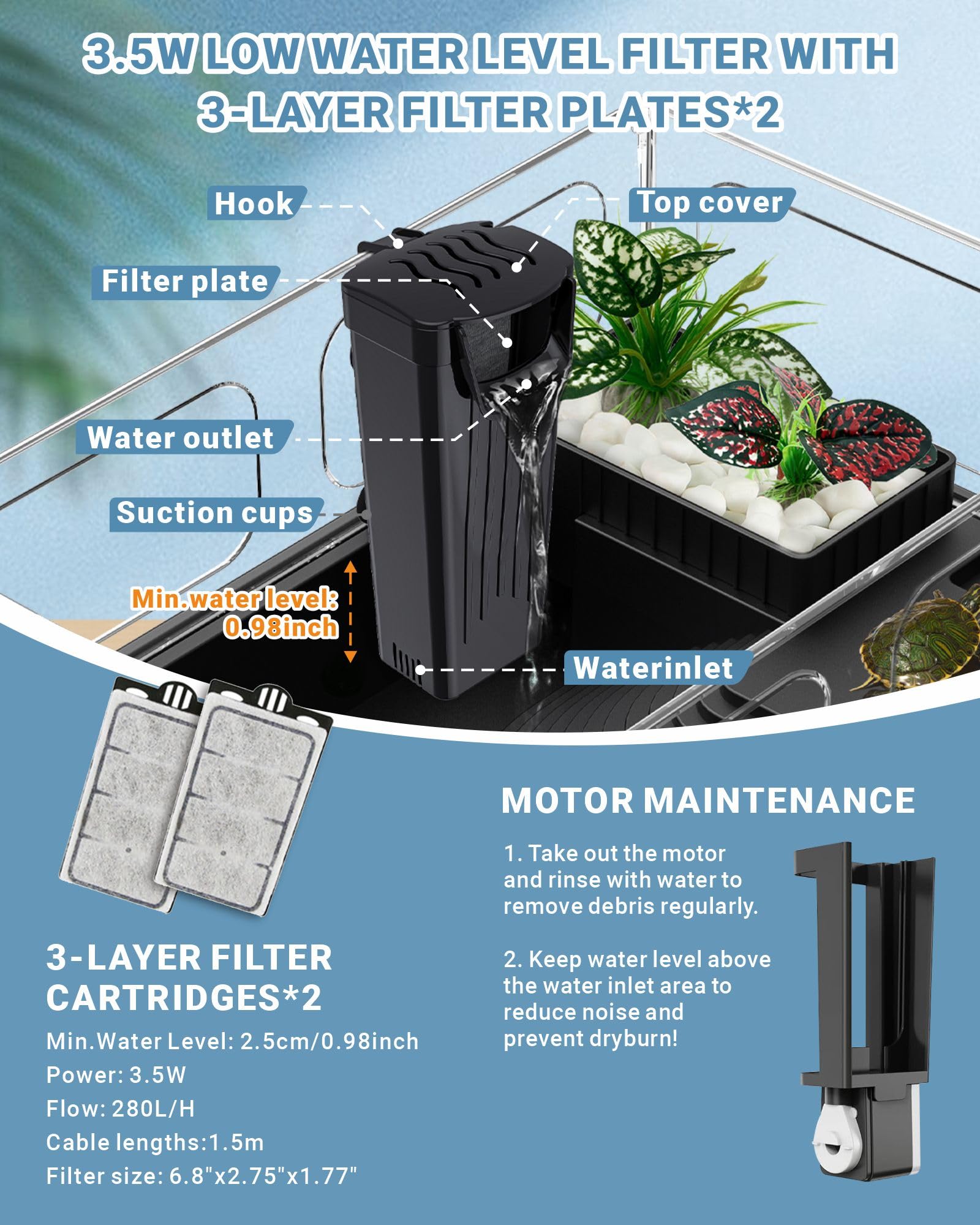 GOZILLA turtle tank kit multi-functional area image shows swimming and climbing zones