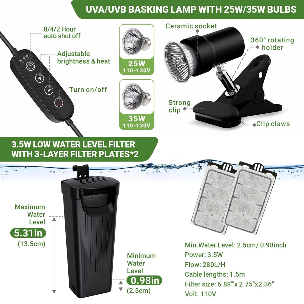 GOZILLA turtle tank kit lamp delivers adjustable UVB basking for daily warmth.