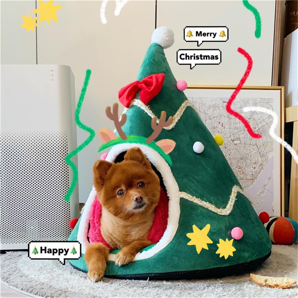 GPPSUNGD Christmas Tree Cat Bed exterior side view highlights sturdy teepee for privacy