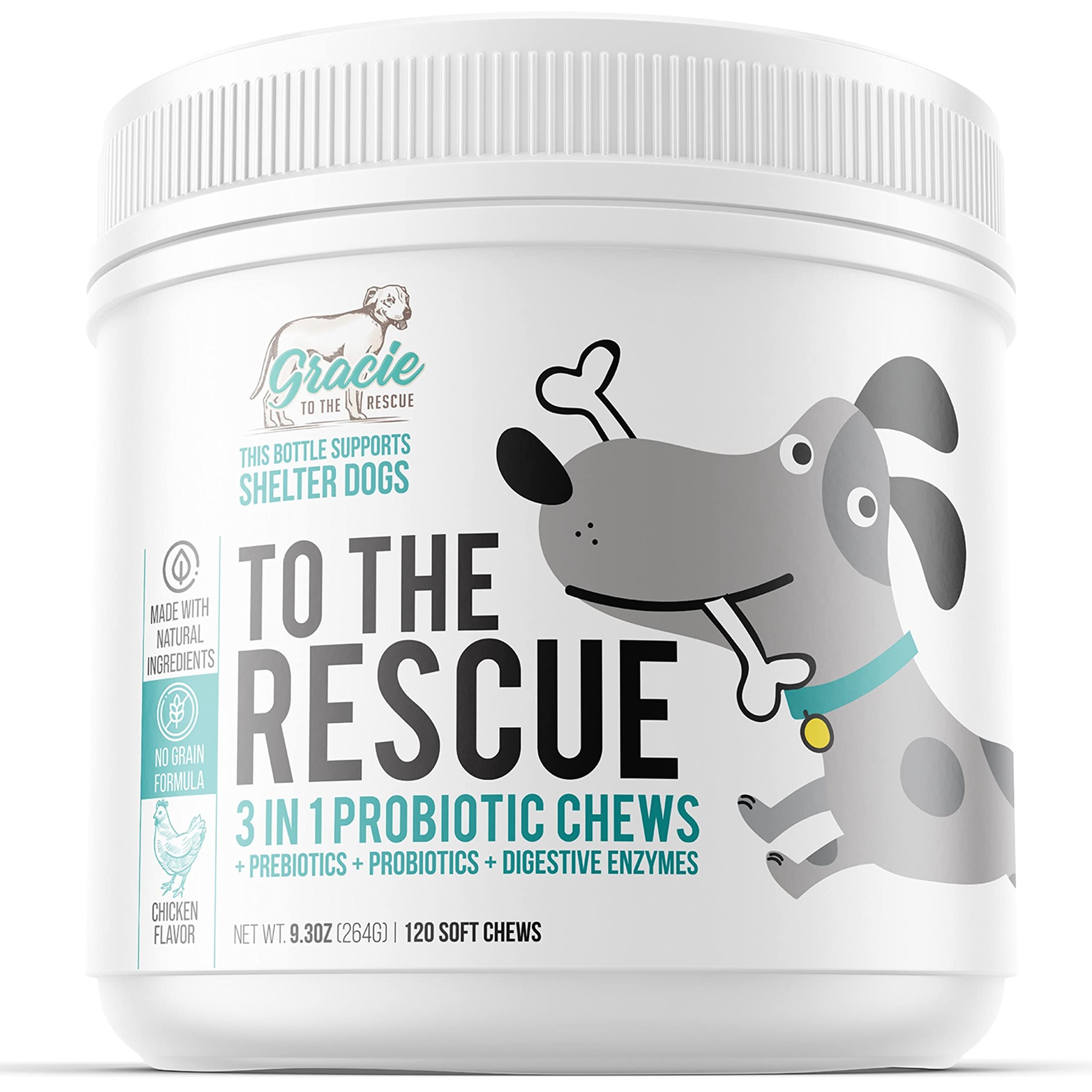 Gracie To The Rescue probiotic chews bottle supports digestion with 4B CFU per serving.