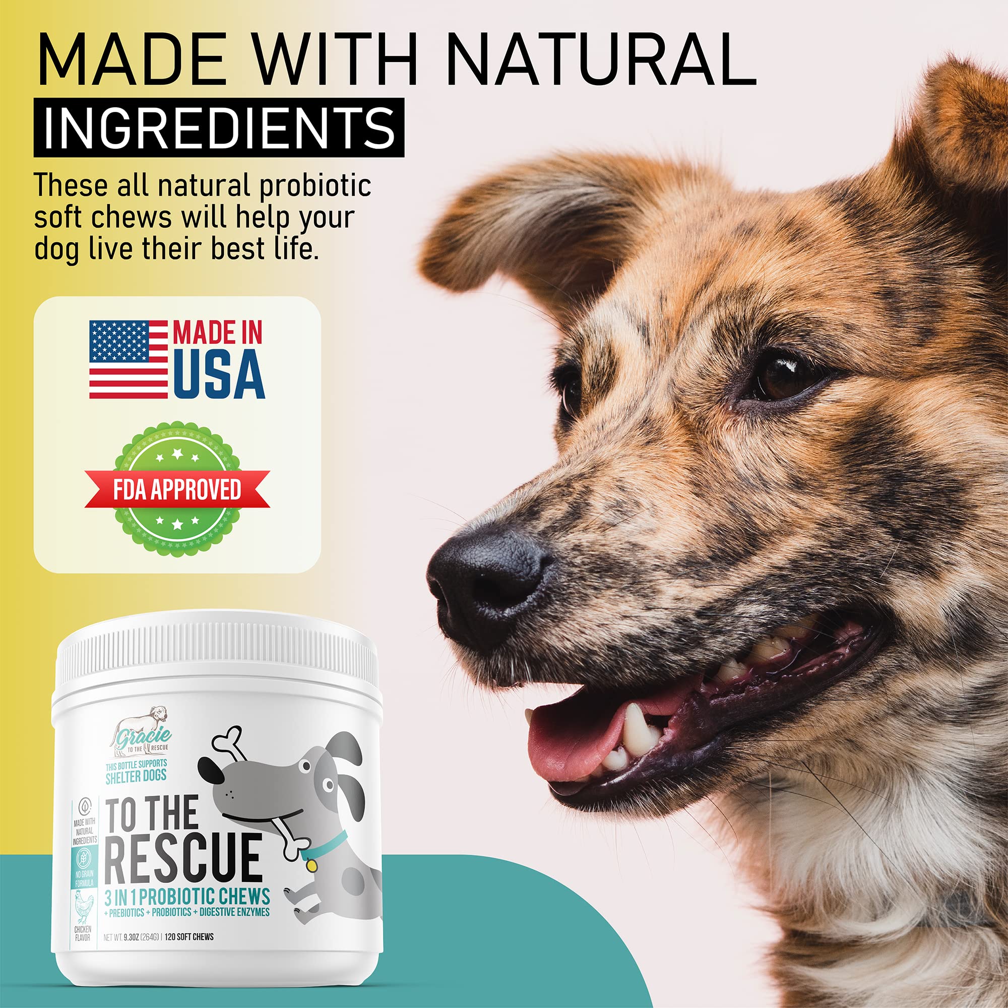 Gracie To The Rescue packaging box emphasizes USA-made quality and shelter donation.