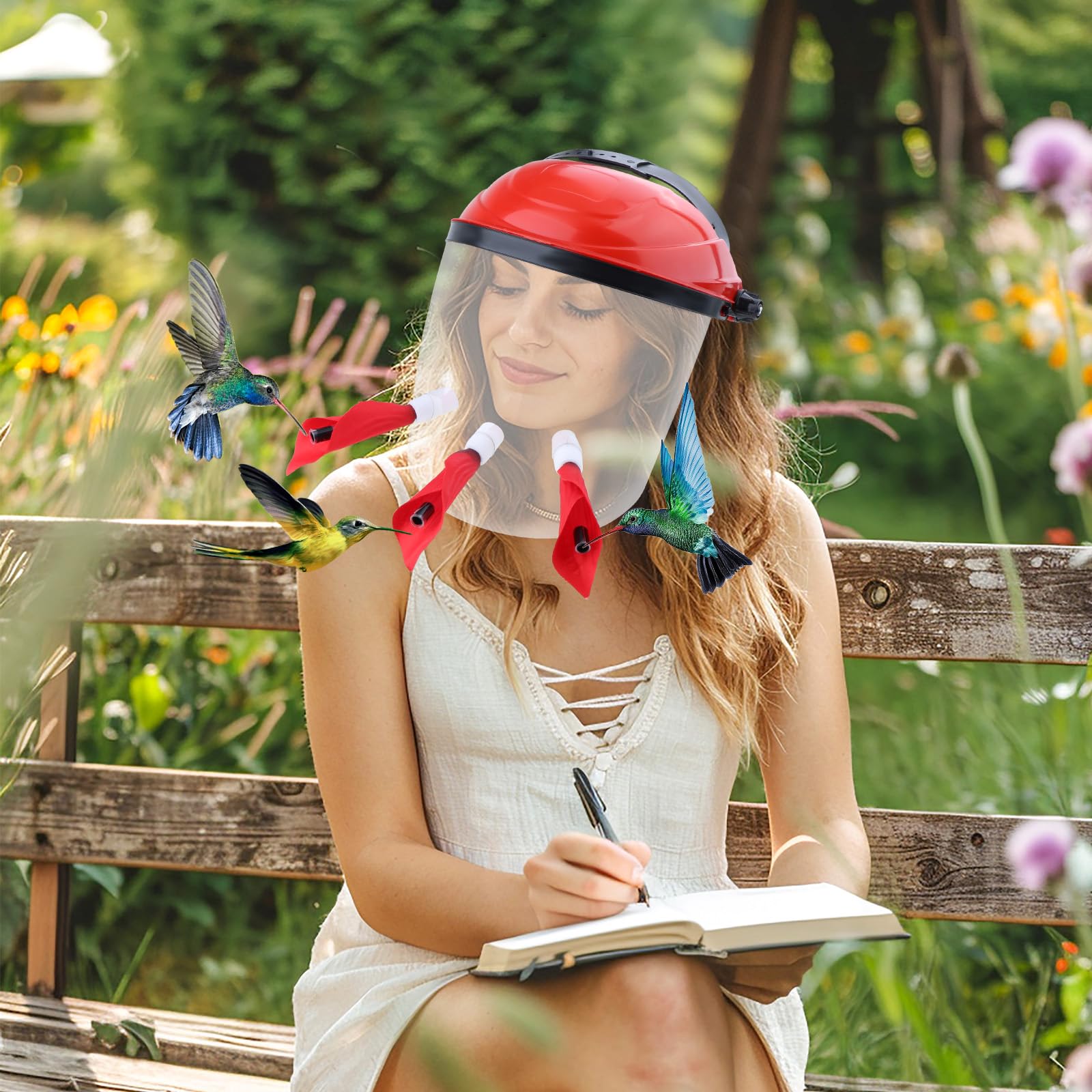 Gralara Hummingbird Mask Feeder worn on head demonstrates hands-free viewing