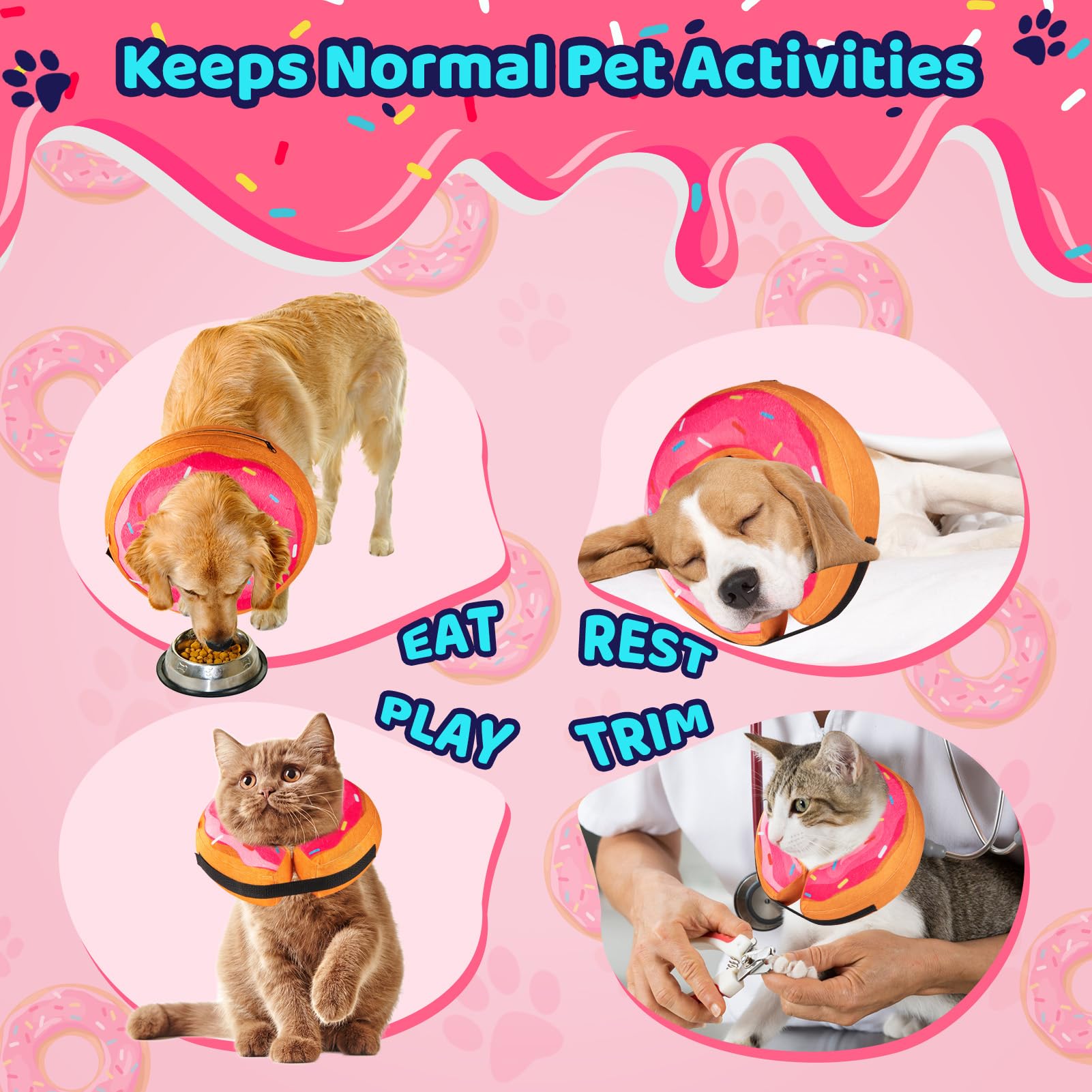 Grand Line Donut Inflatable Collar pink cat use shows comfortable design for post-surgery rest