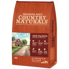Grandma Mae's Country Naturals dry dog food 4lb bag packaging highlighting chicken and brown rice for sensitive stomachs