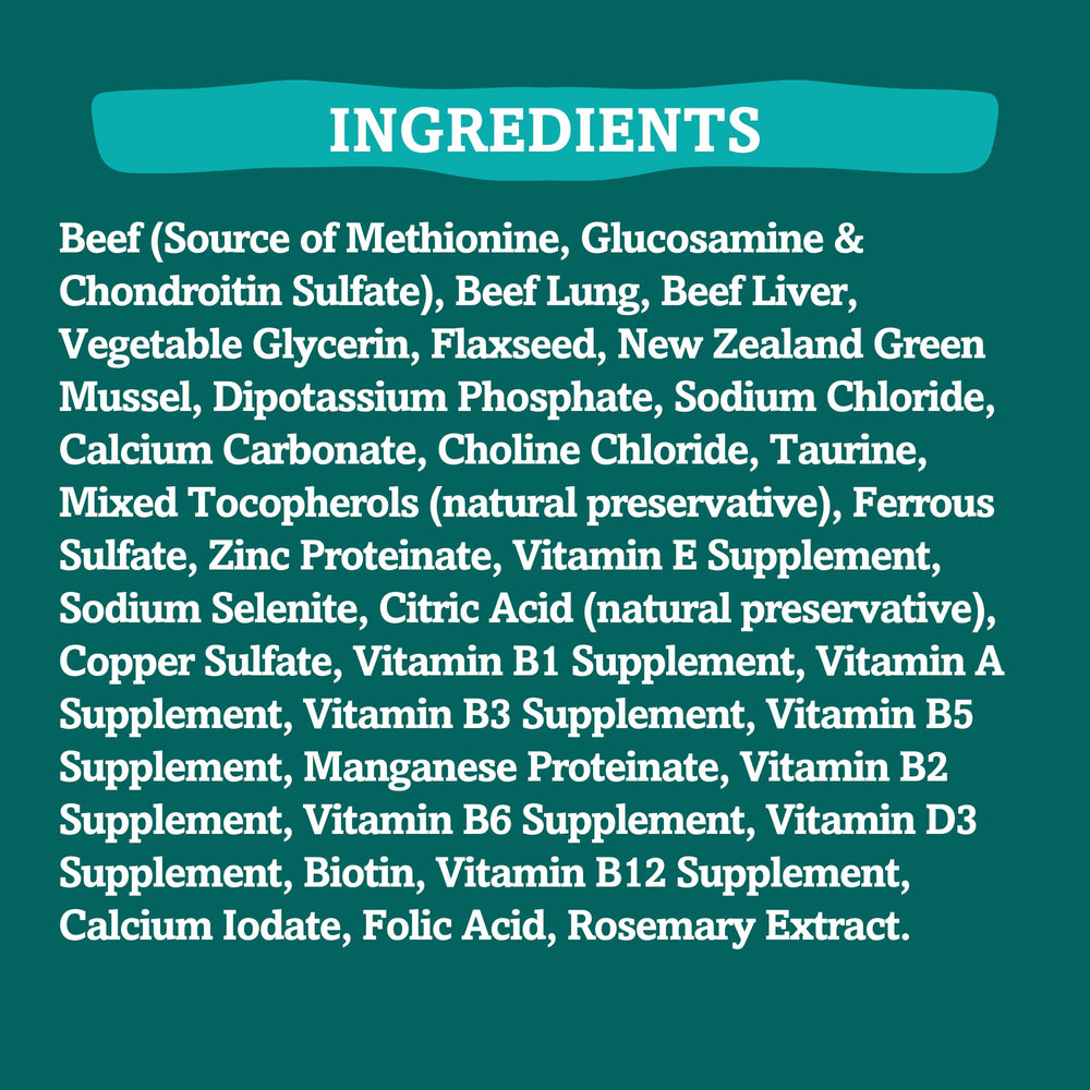 Grandma Mae's Green Mussels nz-glucosamine: natural joint-support nutrient in dog food.