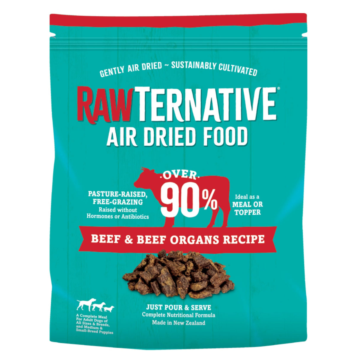 Grandma Mae's RawTernative beef-organs bag closeup: high-protein real meat option for dogs.