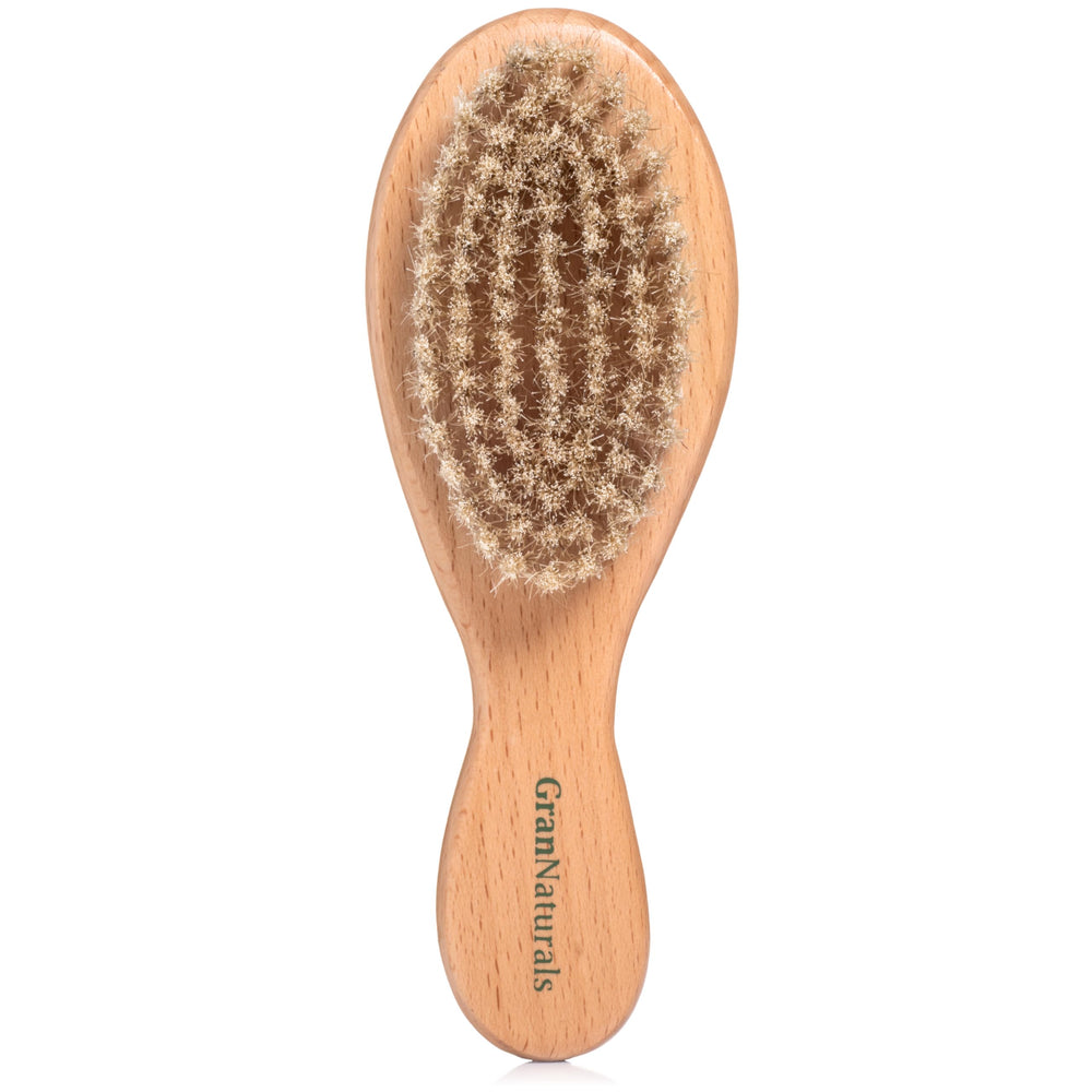 GranNaturals boar bristle cat brush with wooden handle for gentle grooming and reduced shedding.