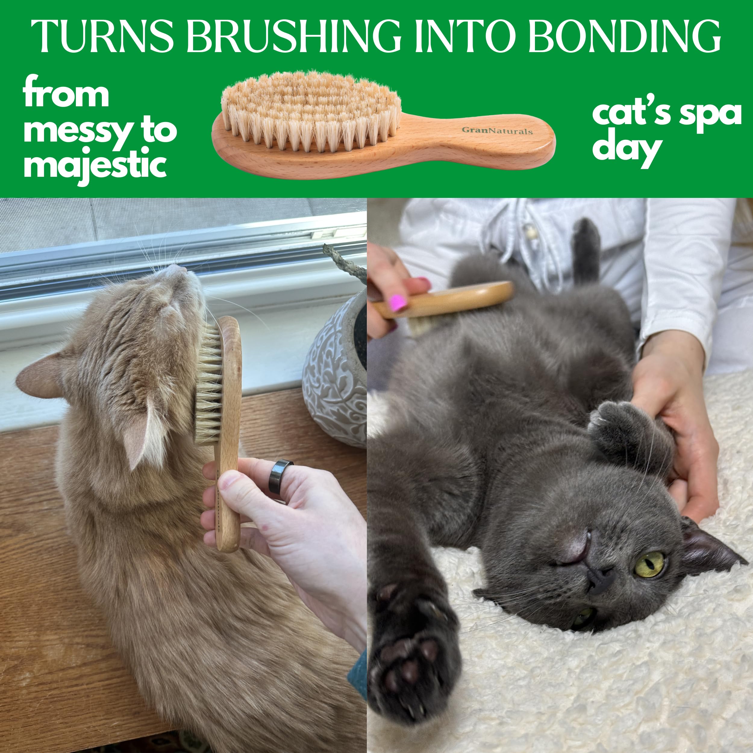 GranNaturals cat brush designed for indoor and outdoor use to maintain a tidy coat.