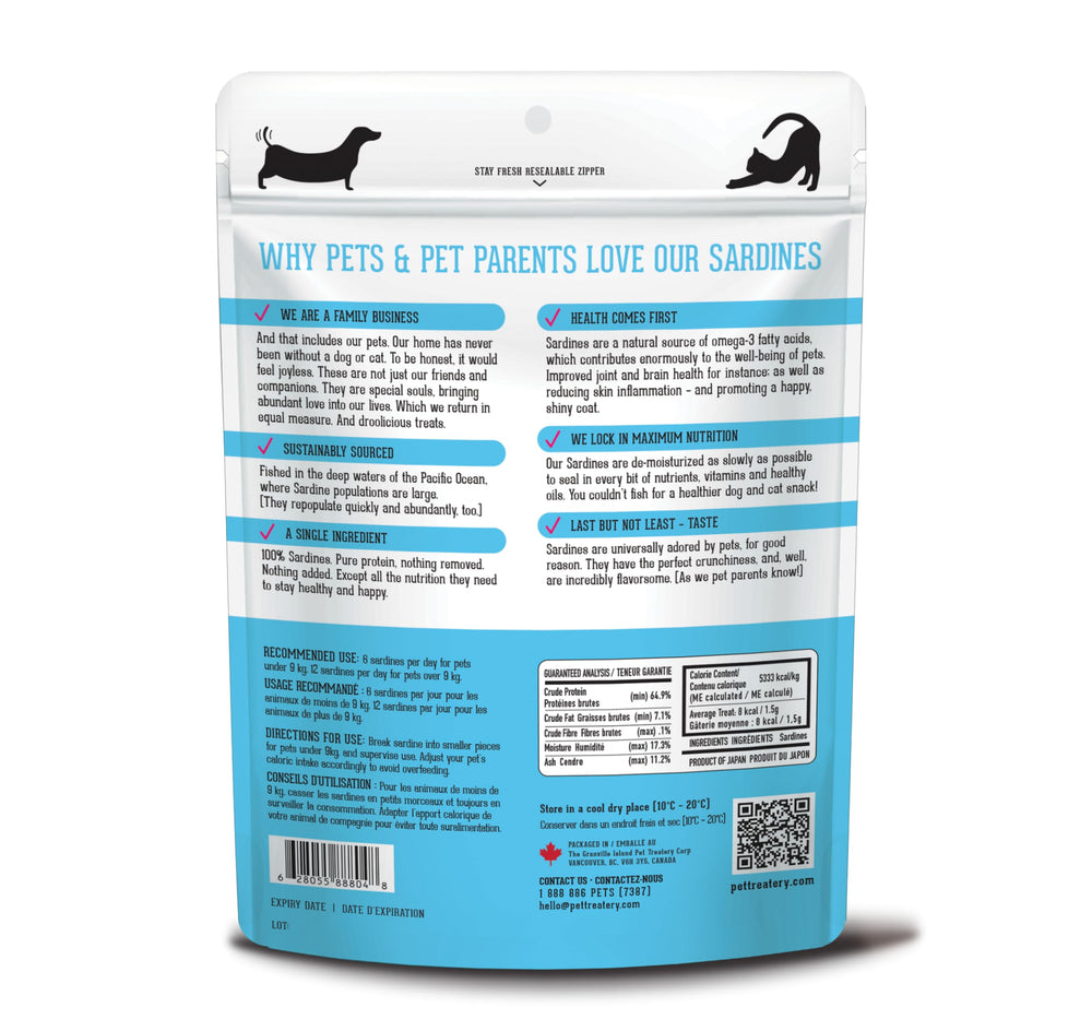 The Granville Island Pet Treatery sardines for cats shown as a soft-snack option.