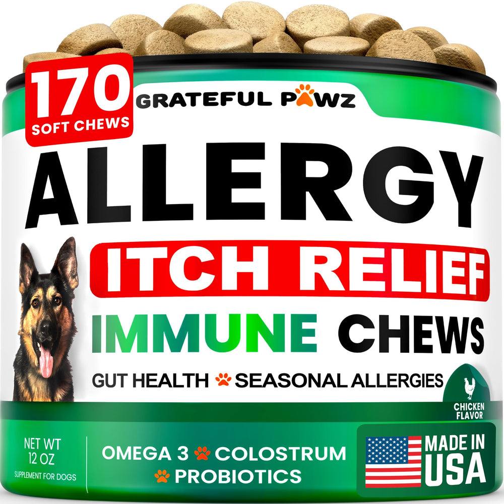 Grateful Pawz allergy relief chews packaging image showing easy dosing for dogs.