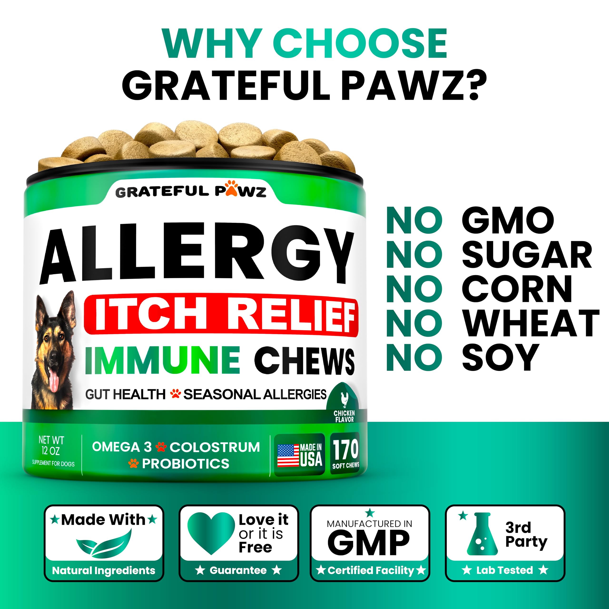 Grateful Pawz anti-itch formula chews image illustrating turmeric and quercetin for irritation relief.