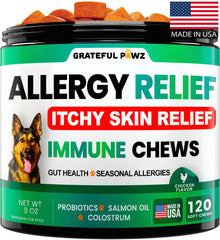 Grateful Pawz dog allergy chews bottle showing daily allergy support.