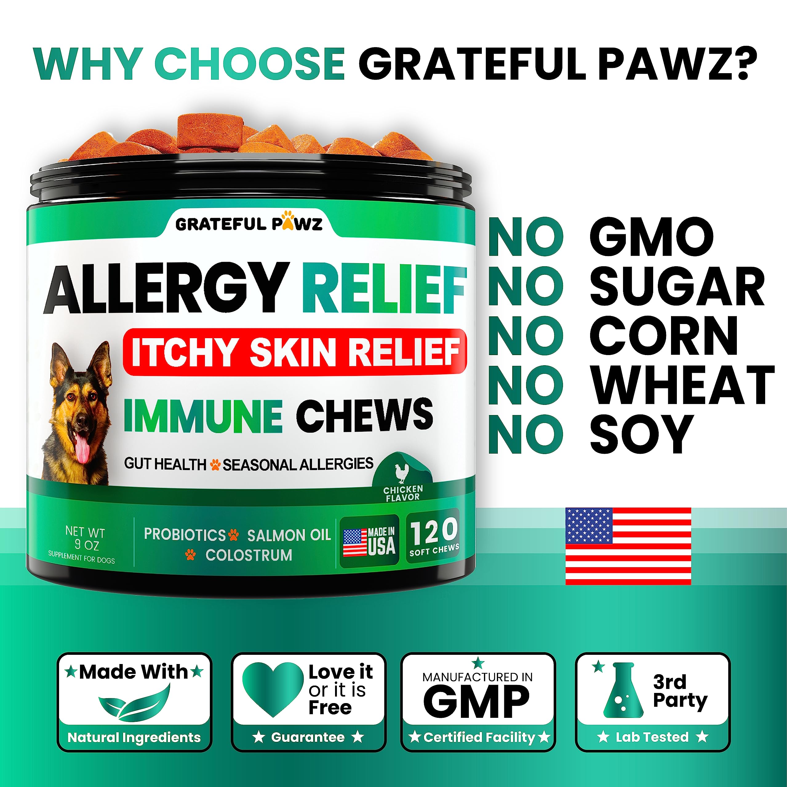 Grateful Pawz dog allergy chews with quercetin for seasonal comfort.