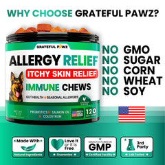 Grateful Pawz dog allergy chews with quercetin for seasonal comfort.