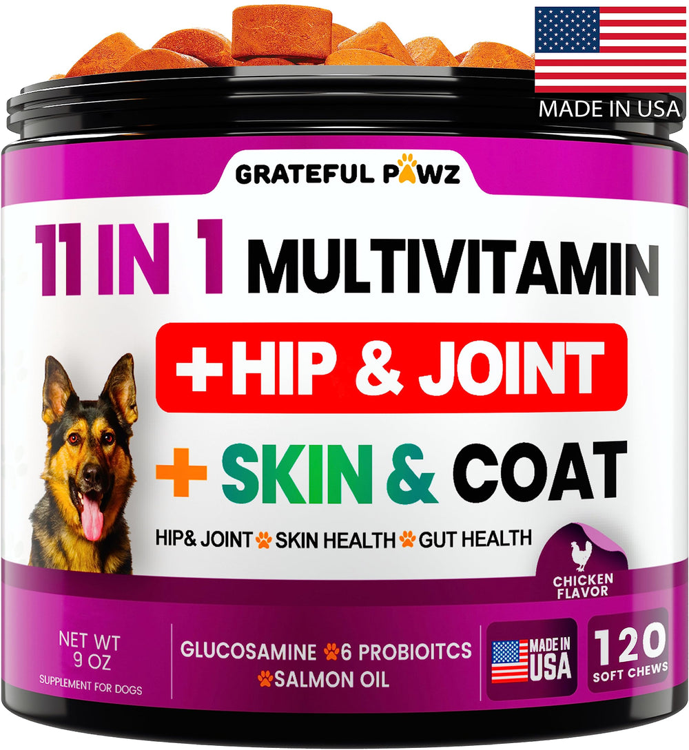 Grateful Pawz dog multivitamin bottle showcasing 11-in-1 formula for joints and immunity.