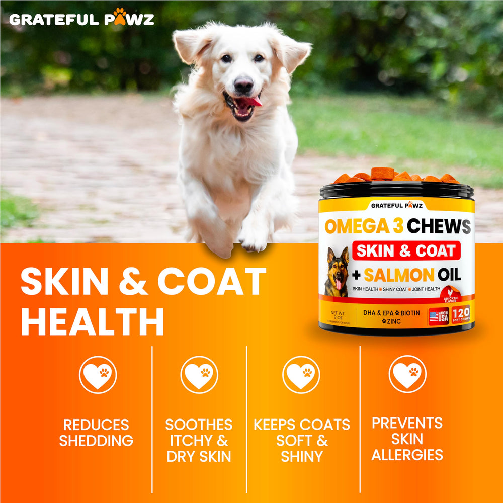 Grateful Pawz dog skin relief photo captures calmer skin and fewer hot spots.