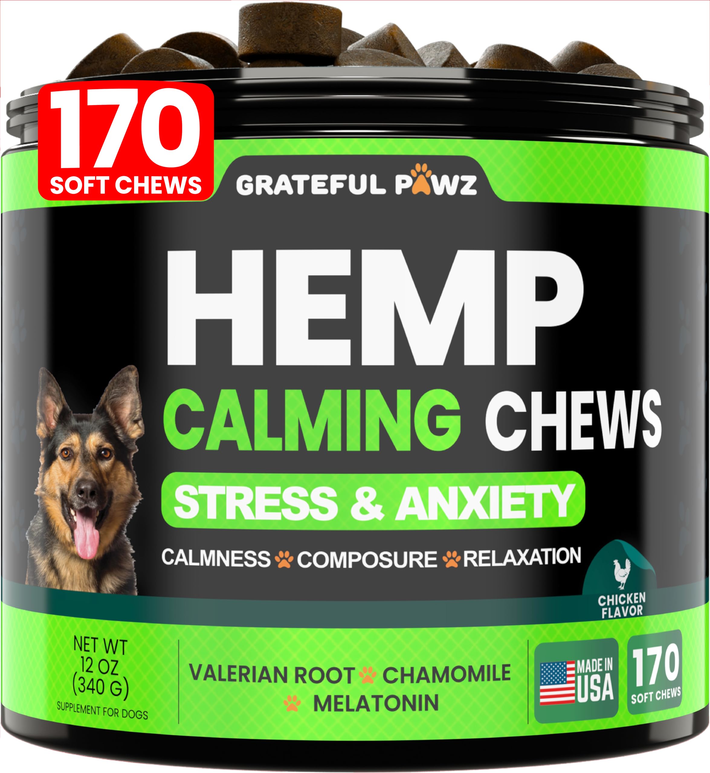 Grateful Pawz hemp calming chews packaging highlights anxiety relief for dogs.