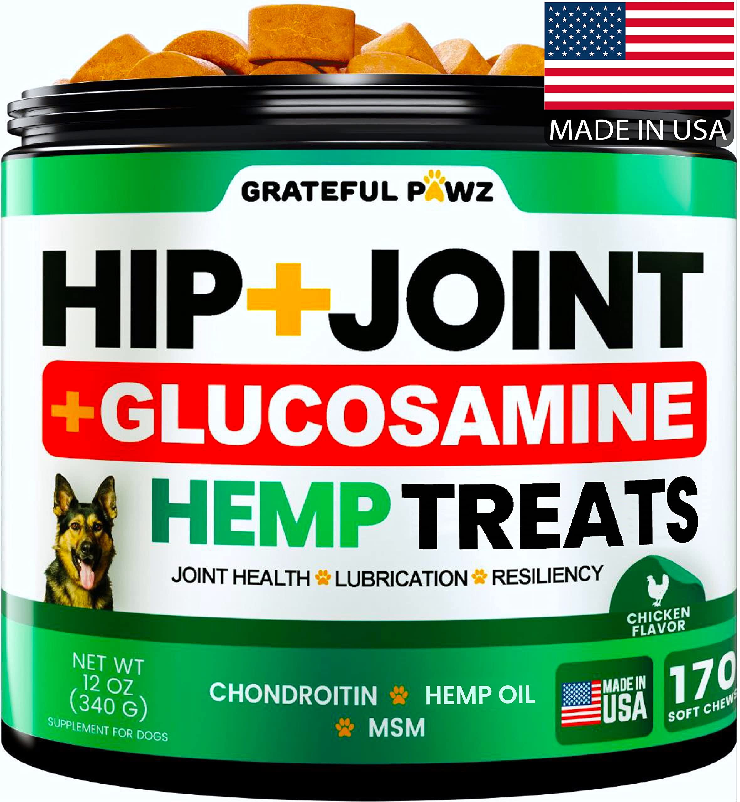 Grateful Pawz hemp hip and joint supplement bottle pose highlights canine joint support and easy daily use.