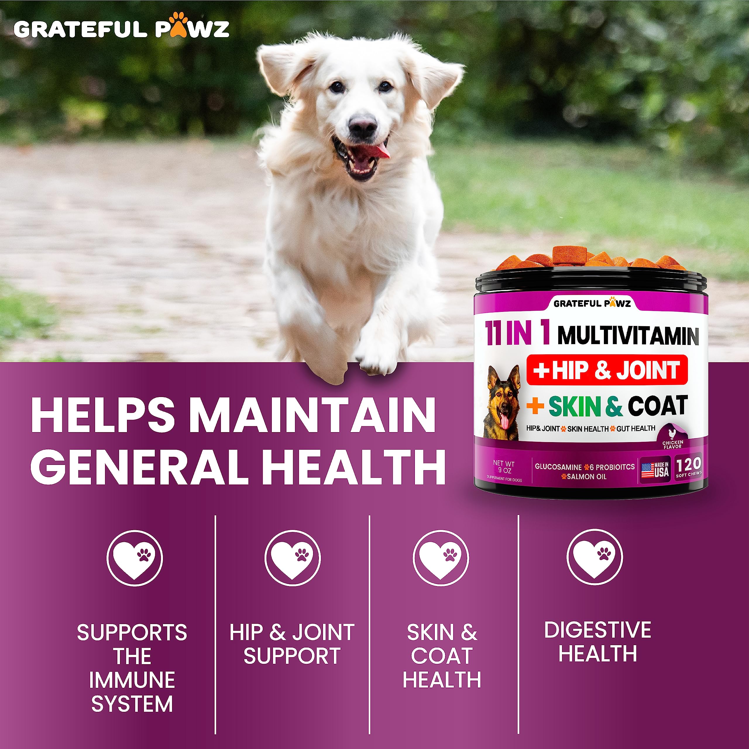 Grateful Pawz omega-3 and probiotic blend supports skin, coat, and digestion.